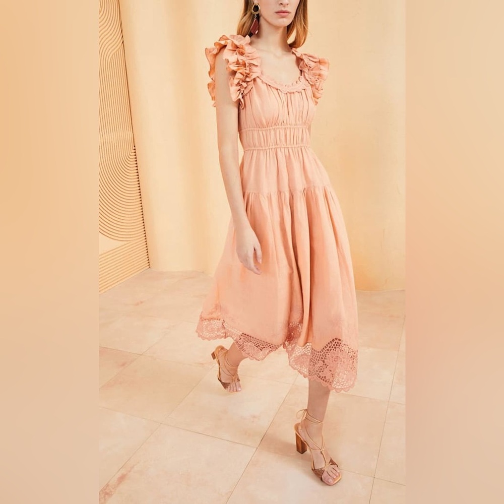 ULLA JOHNSON Leona Midi Dress Azelea Linen-Blend Tiered Pleated Lace Size US 0